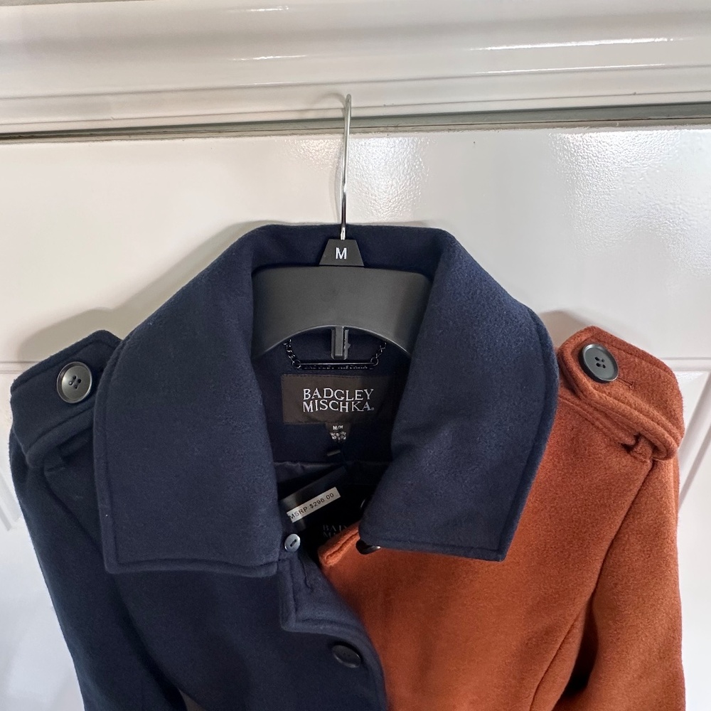 Brand new! Badgley Mischka Terry color blocking Cognac/Navy long coat. Size-M. - Picture 10 of 16